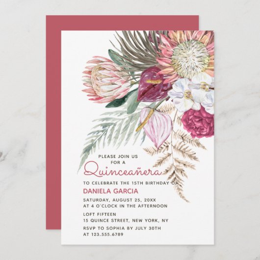 Protea Watercolor Floral Bouquet Quinceañera Einladung (Vorne/Hinten)