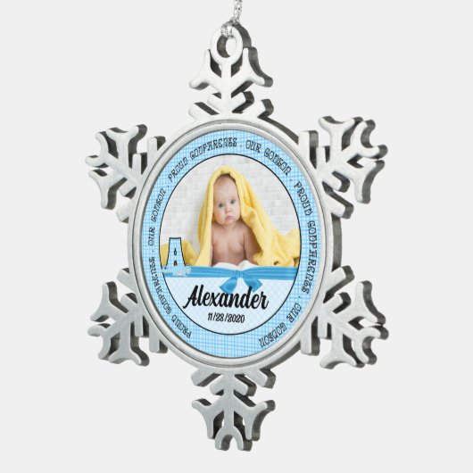 Proud Godeloms Blue Karos und Monogram A Schneeflocken Zinn-Ornament (Rechts)