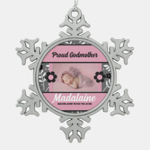 Proud Godmother Pink Retro Photo Schneeflocken Zinn-Ornament