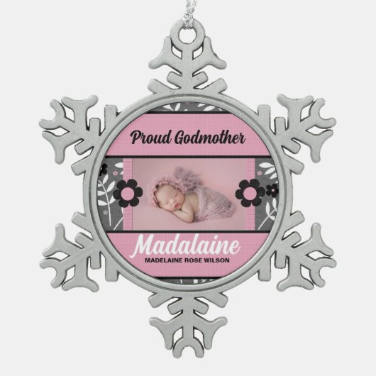 Proud Godmother Pink Retro Photo Schneeflocken Zinn-Ornament (Vorderseite)