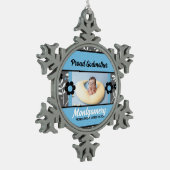 Proud Godmutter Blue Christmas Foto Schneeflocken Zinn-Ornament (Links)