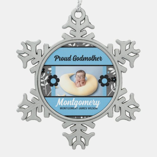 Proud Godmutter Blue Christmas Foto Schneeflocken Zinn-Ornament (Vorderseite)