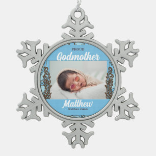 Proud Godmutter Blue und Brown Foto Schneeflocken Zinn-Ornament
