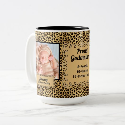 Proud Godmutter Cheetah Animal Print Baby Fotos Zweifarbige Tasse (Vorderseite Links)