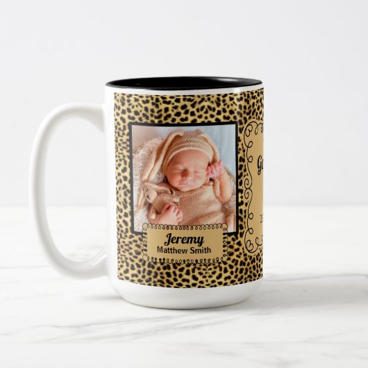 Proud Godmutter Cheetah Animal Print Baby Fotos Zweifarbige Tasse (Links)