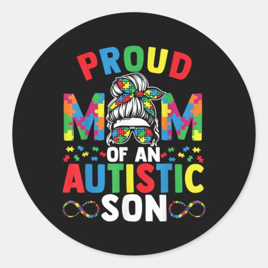 Proud Mutter Autistic Son Messy Bun Autismus Runder Aufkleber (Vorderseite)