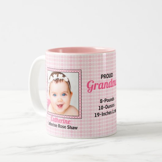 Proud Oma Pink Polka Dots mit zwei Baby Fotos Zweifarbige Tasse (Vorderseite Links)