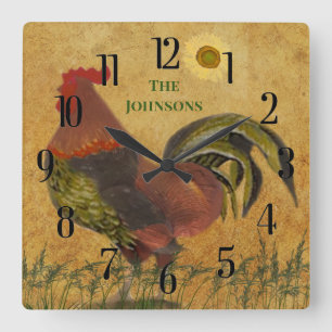 PROUD RUSTIC ROOSTER LARGE CLOCK QUADRATISCHE WANDUHR