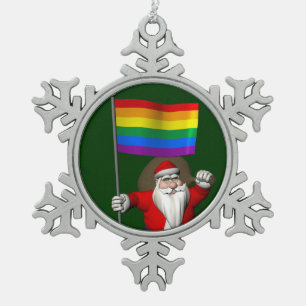 Proud Santa Claus mit Regenbogenflagge Schneeflocken Zinn-Ornament