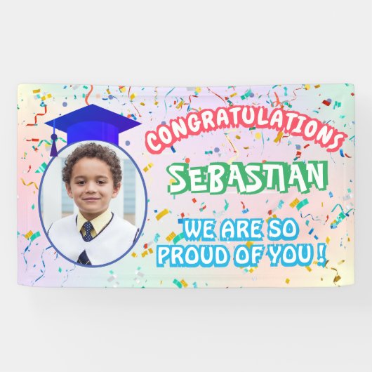Pround of You Graduation Cap Confetti Pastel Foto Banner (Horizontal)