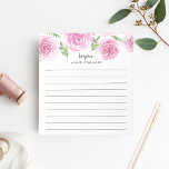 Provence-Rose | Rosa Personalisierte Linde Notizblock<br><div class="desc">Das schicke Notizblock mit Blumen zeichnet sich durch eine obere Grenze aus rosa Aquarellfarben und grünen Blätter aus. Personalisieren Sie sich mit zwei Zeilen Text in modernen Block und Kalligraphie Schrift; gezeigt mit dem französischen Gruß "bonjour" und Ihrem Namen. Liniert.</div>