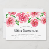 Provence-Rose | Rote Wasserfarbe Floral Quinceñera Einladung (Vorderseite)