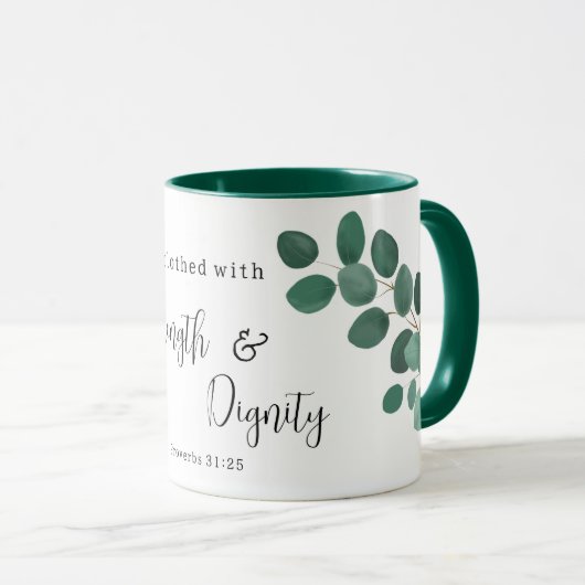 Proverbs 31:25 Eukalyptus Inspirational Scripture Tasse (VorderseiteRechts)