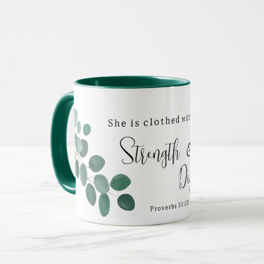 Proverbs 31:25 Eukalyptus Inspirational Scripture Tasse (Vorderseite Links)