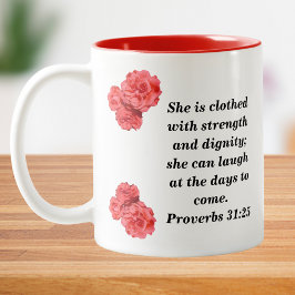 Proverbs 31:25 Ideal Christian Woman With Red Rose Zweifarbige Tasse