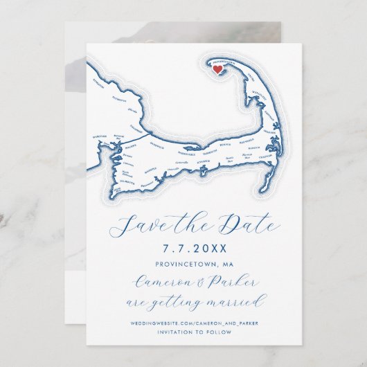 Provincetown MA Cape Cod Map Navy Blue Wedding Save The Date (Vorne/Hinten)