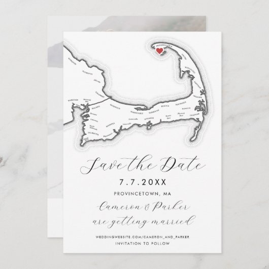 Provincetown MA Cape Cod Map Schwarz-weiße Hochzei Save The Date (Vorne/Hinten)