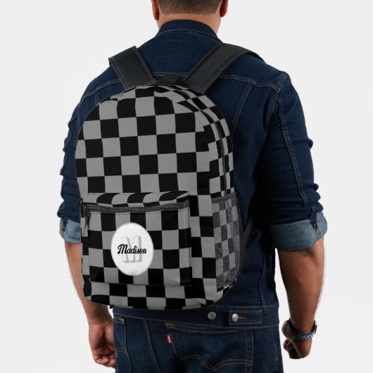 Prüfgrau-schwarz-geometrisch-Retro-Monogramm Bedruckter Rucksack (Insitu (Modell))