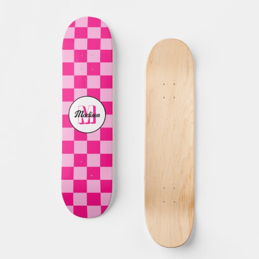 Prüflichtes, heißrosa geometrisches Retro-Monogram Skateboard (Vorderseite)