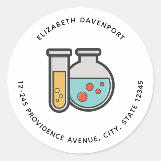 Prüfröhre und Becheradresse für Chemie Runder Aufkleber (Vorderseite)