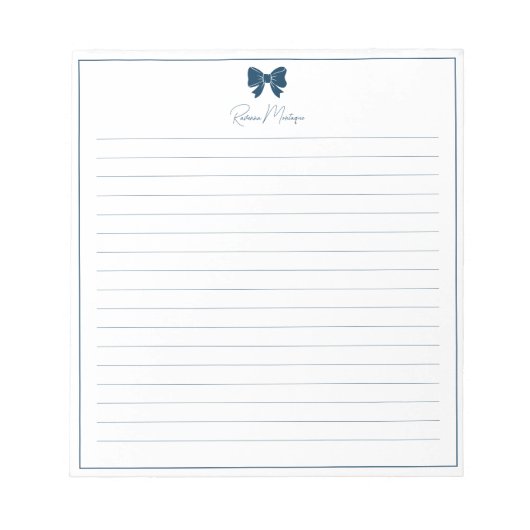 Prussian Blue Bow Border Custom Name Lined Notizblock (Vorderseite)