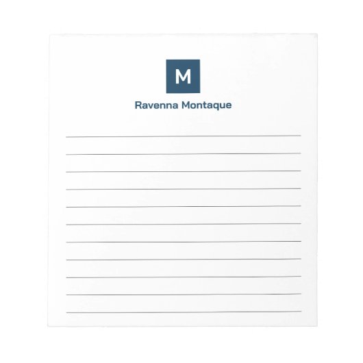 Prussian Blue Modern Lined Chic Trendy Monogram Notizblock (Vorderseite)