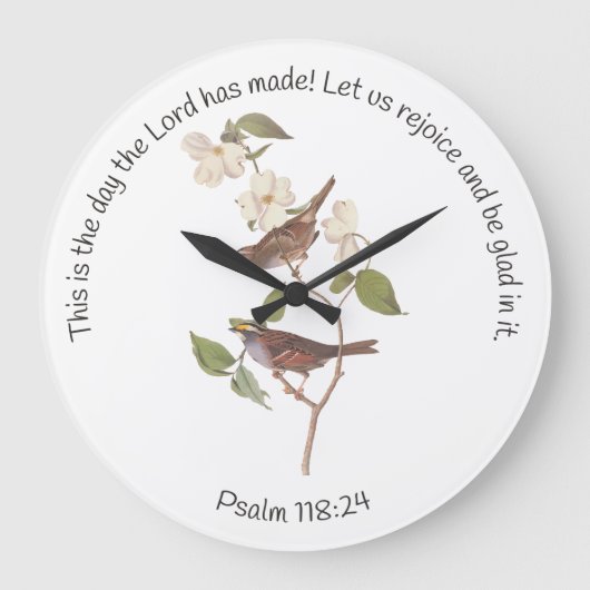 Psalm 118:24 Bibelverse und Sparrow-Paar Große Wanduhr (Vorderseite)