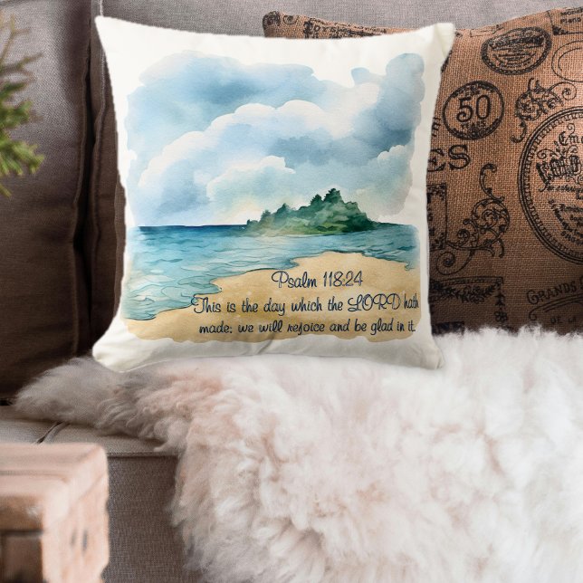 Psalm 118 Day to Rejoice Cloudy Beach Scene Kissen (Psalm 118 Day to Rejoice Cloudy Beach Scene Throw Pillow)