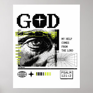 Psalm 121:2 Neon-Lime Auge Gottes CRT-Glitch-Art Poster