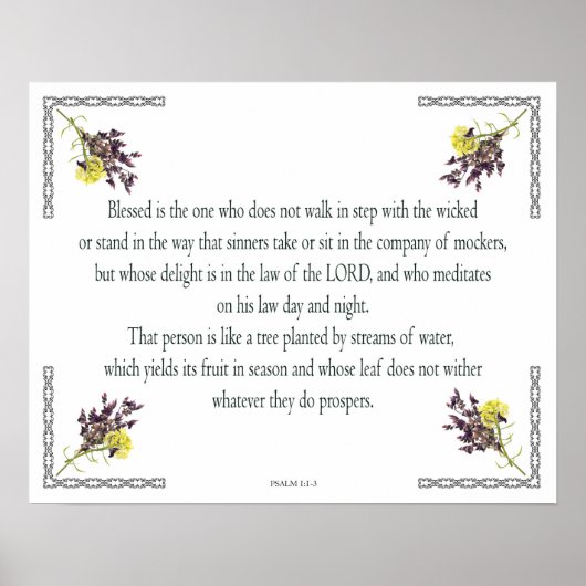Psalm 1 Art - Gesegnet Recht mit Blumendesign Poster (Vorne)