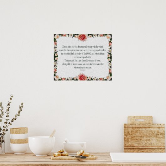 Psalm 1 Art - Gesegnet Recht mit Blumendesign Poster (Küche)