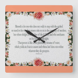 Psalm 1, Blumengrenzen, Öl, gesegnet ist derjenige Quadratische Wanduhr