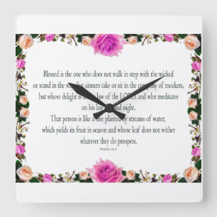 Psalm 1, Im Gesetz des Herrn, Lila Blume Grenze Quadratische Wanduhr