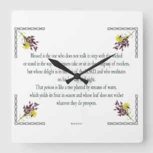Psalm 1, Pink Yellow Flower Design, Blessed, Quadratische Wanduhr