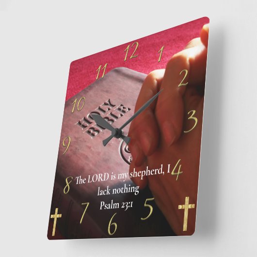Psalm 23:1 Heilige Bibel mit Händen Quadratische Wanduhr (Winkel)