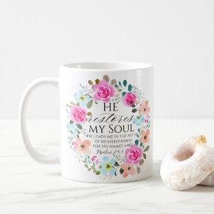 Psalm 23:3 - Er stellt mein Soul Pink Floral Bible Kaffeetasse