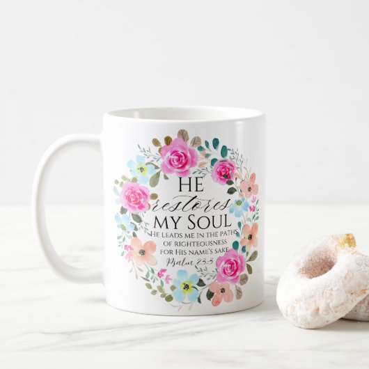 Psalm 23:3 - Er stellt mein Soul Pink Floral Bible Kaffeetasse (Mit Donut)