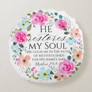 Psalm 23:3 - Er stellt mein Soul Pink Floral Bible Rundes Kissen