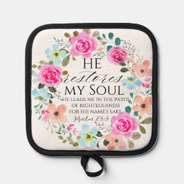 Psalm 23:3 - Er stellt mein Soul Pink Floral Bible Topflappen
