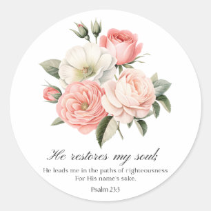 Psalm 23:3 Er stellt meine Seele wieder her Blumen Runder Aufkleber