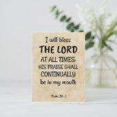 Psalm 34:1 (KJV) auf biblischem Hintergrund Postkarte (Stehend Vorderseite)