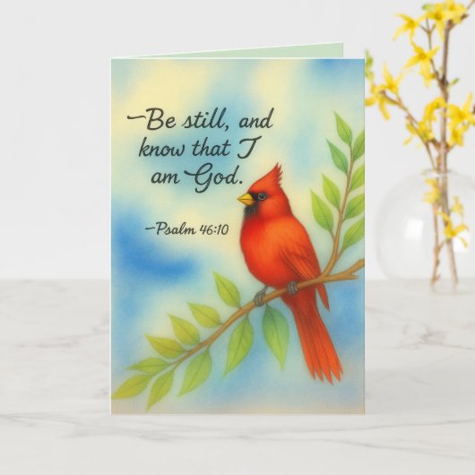 Psalm 46:10 Be Still Red Cardinal Scripture Nature Karte (Gelbe Blume)