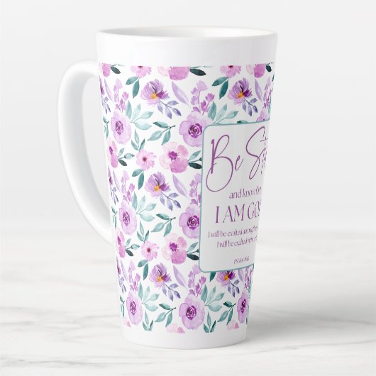 Psalm 46:10 Sei still und kenne violette Blumen Milchtasse (Linke Ecke)