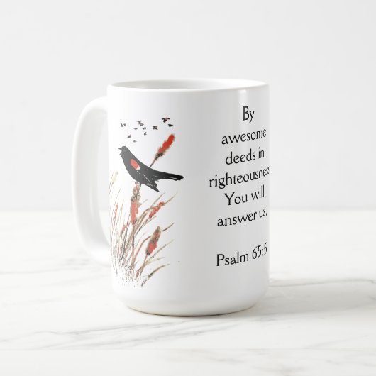 Psalm 65:5 Bibelschrift: Du antwortest auf Blackbi Kaffeetasse (Vorderseite Links)