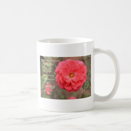 Psalm-91:14 pfirsichfarbene rosa Rose Kaffeetasse (Rechts)