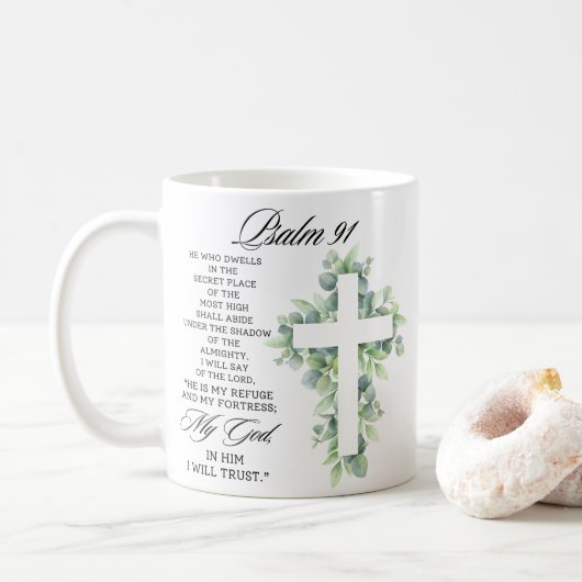 Psalm 91:1-2 Religious Cross Greenery Bible Verse Kaffeetasse (Mit Donut)