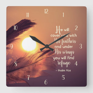 Psalm 91:4 Er wird dich mit Seinen Federn bedecken Quadratische Wanduhr