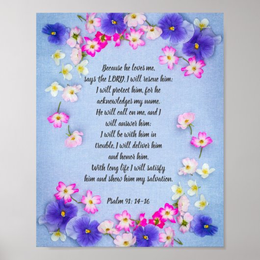 Psalm 91 auf blauem Stoff mit Blume, Plakat (Vorne)