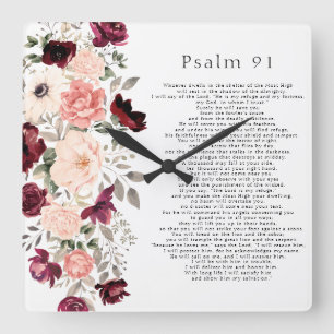 Psalm 91 Schrift Burgund Blush Bloral Quadratische Wanduhr