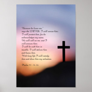 Psalm 91 schwarzes Kreuz auf dem Hügel und Sonnenu Poster